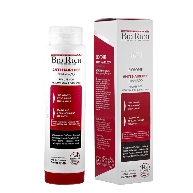 شامپو روزانه تقویت‌کننده و ضد ریزش مو بایوریچ مخصوص انواع مو، حجم 250 میلی‌لیتر مدل ANTI HAIR LOSS، حاوی کراتین، بدون سولفات، حجم‌دهنده و ترمیم‌کننده با عصاره مریم گلی، گزنه و، رزماری