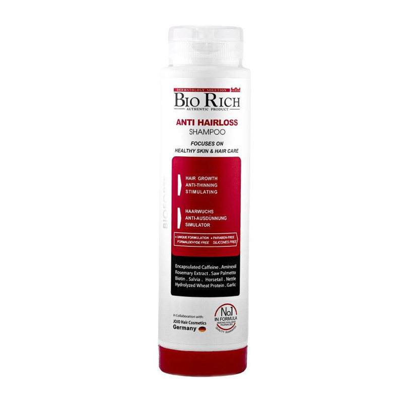 شامپو روزانه تقویت‌کننده و ضد ریزش مو بایوریچ مخصوص انواع مو، حجم 250 میلی‌لیتر مدل ANTI HAIR LOSS، حاوی کراتین، بدون سولفات، حجم‌دهنده و ترمیم‌کننده با عصاره مریم گلی، گزنه و، رزماری