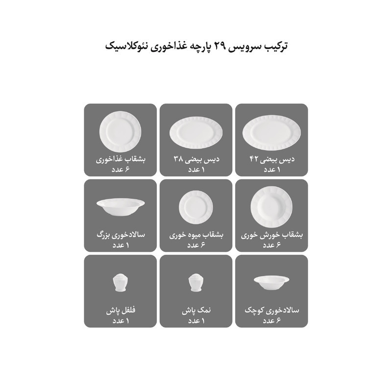 سرویس غذاخوری 29 پارچه چینی زرین ایران مدل نئوکلاسیک کارراگلد درجه یک