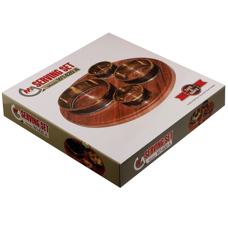 اردورخوری چهار عددی مدل W1420 با سینی چوبی قطر 28.5 سانتی‌متر، کاسه‌های کریستالی در اندازه‌های متنوع، طراحی دایره‌ای، ساخت ایران و شست‌وشو دستی