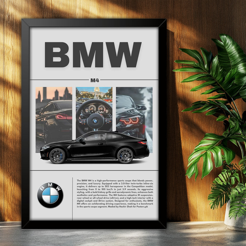 تابلو بکلیت طرح ماشین و خودرو بی ام و BMW M4 مدل B-po1882 فریم مشکی