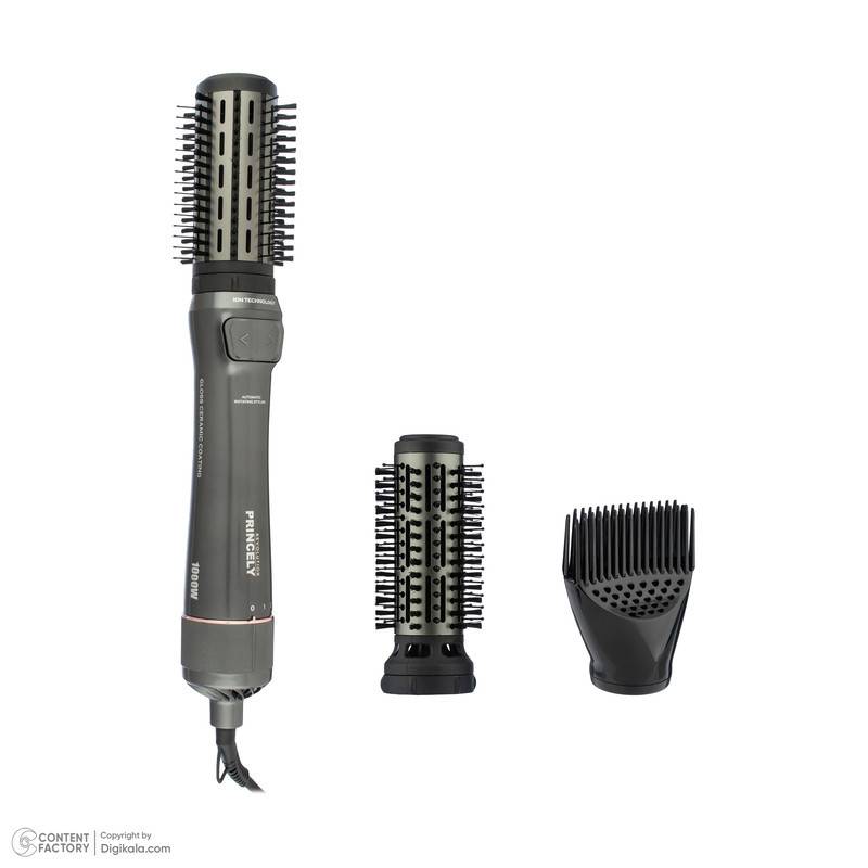 سشوار برس‌دار چرخشی 240 وات پرنسلی مدل PR312AT، موتور DC، وزن 1430 گرم، دارای سری شانه‌دار، سری برس‌دار گرد پهن، سری چرخشی، کیف نگه‌دارنده، سری دندانه‌دار با ویژگی فرکنندگی، صاف‌کنندگی، حجم‌دهندگی