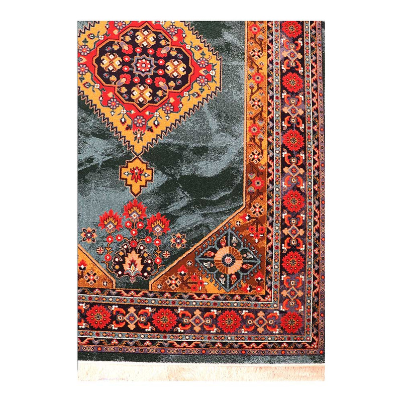 فرش ماشینی 320 شانه زمینه سرمه‌ای حاشیه لاکی مدل ستاره کویر یزد کلکسیون شاهسون طرح SH-B005-9036
