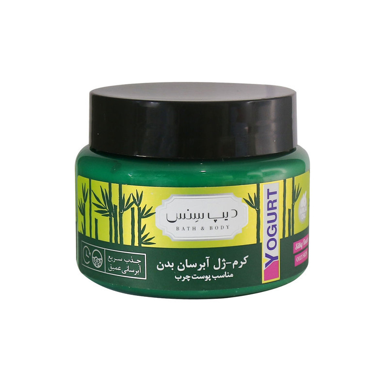 کرم ژل بدن دیپ سنس مدل درخت چای و بامبو حجم 250 میلی‌لیتر بافت سبک، جذب سریع، آبرسان و مرطوب‌کننده قوی، حاوی هیالورونیک اسید، روغن آملا و جوجوبا، مناسب نواحی خشک بدن و محافظت‌کننده پوست
