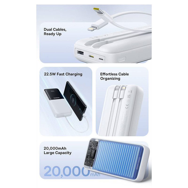 پاوربانک 22 وات بیسوس مدل LIPOW Dual ظرفیت 20000 میلی‌آمپرساعت به همراه کابل USB-C و لایتنینگ