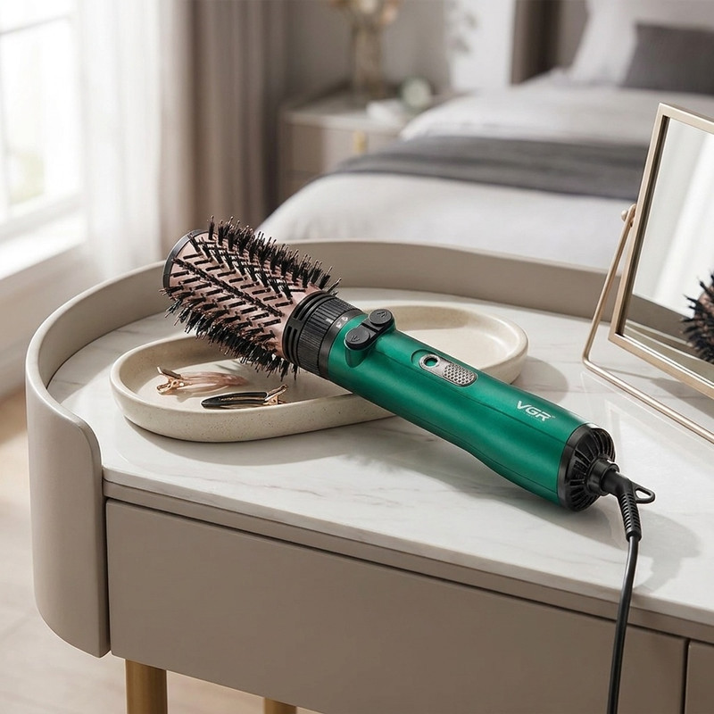 سشوار برس‌دار چرخشی 1200 وات وی جی ار مدل v-498، موتور DC، وزن 500 گرم، دارای سری برس‌دار گرد باریک، سری برس‌دار گرد پهن با ویژگی صاف‌کنندگی، حجم‌دهندگی، با قابلیت باد سرد، فناوری تولید یون