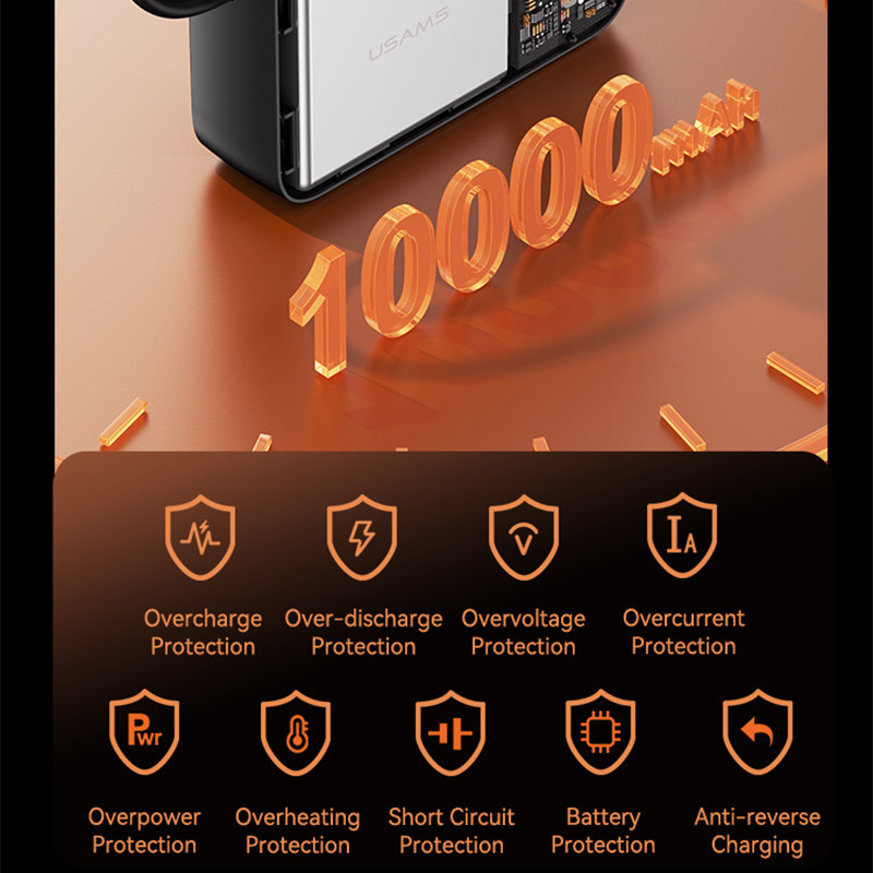 پاوربانک 22.5 وات یوسمز مدل CD260 ظرفیت 10000 میلی‌آمپرساعت به همراه 2 عدد کابل USB-C و لایتنینگ