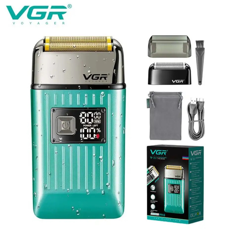 ماشین اصلاح موی سر و صورت وی جی ار مدل V-357 فویلی با تیغه تیتانیوم، ضد آب، باتری 600 میلی‌آمپر ساعت، موتور 6000 دور در دقیقه و شارژ USB