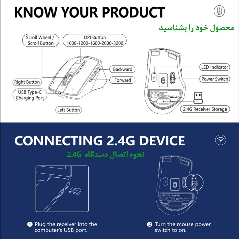 ماوس دوگانه بی‌ سیم و باسیم ای فورتک مدل FSTYLER_FG_35_C_PLUS