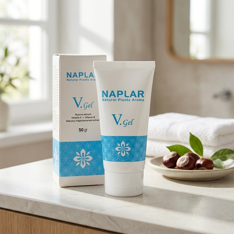 ژل موضعی واریس ناپلار مدل V-gel حجم 50 میلی‌لیتر حاوی عصاره کوله خاس و شاه بلوط هندی، تقویت‌کننده عروق سیاهرگی، کاهش‌دهنده درد، التهاب و سنگینی پا، مناسب انواع پوست و حاوی ویتامین K