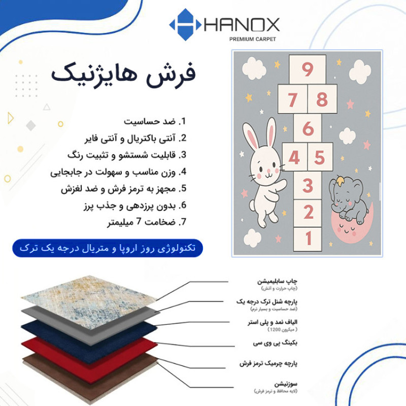 فرش ماشینی 1000 شانه هانوکس زمینه طوسی حاشیه چند رنگ مدل کودک کد U302