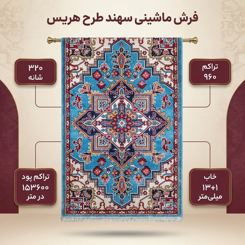 فرش ماشینی سهند کد B045.QJ طرح هریس زمینه فیروزه ای