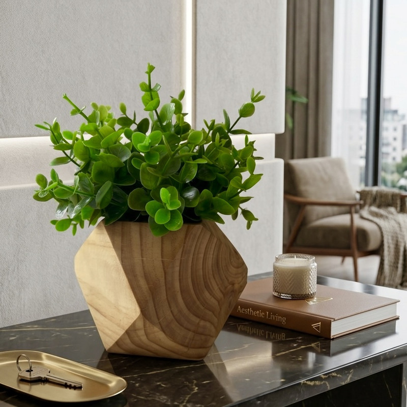 گلدان چوبی رومیزی به همراه گل مصنوعی 8 ضلعی کد 529 مناسب فضای باز، ابعاد 10×10×15 سانتی‌متر، وزن 200 گرم