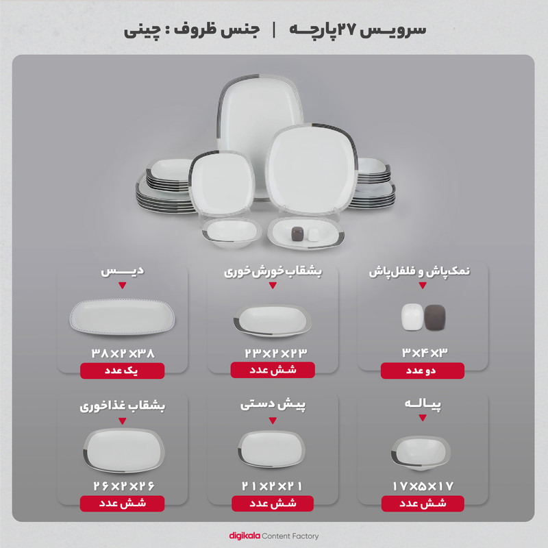 سرویس غذاخوری 27 پارچه چینی زرین ایران سری کواترو مدل وگاس اوریت درجه یک