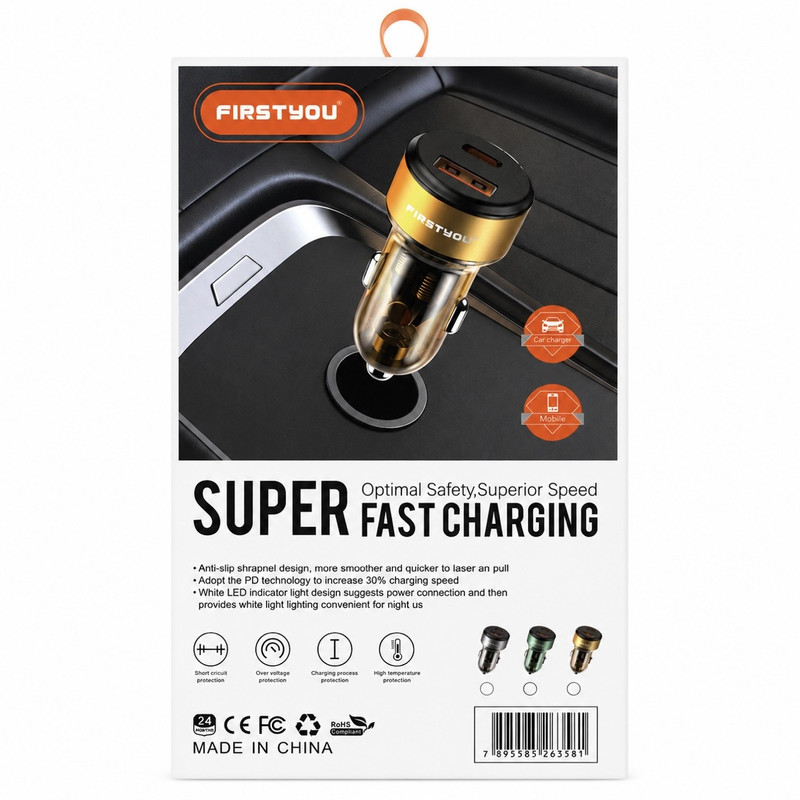 شارژر فندکی 70 وات دو پورت فرست یو مدل F070 به همراه کابل usb-C