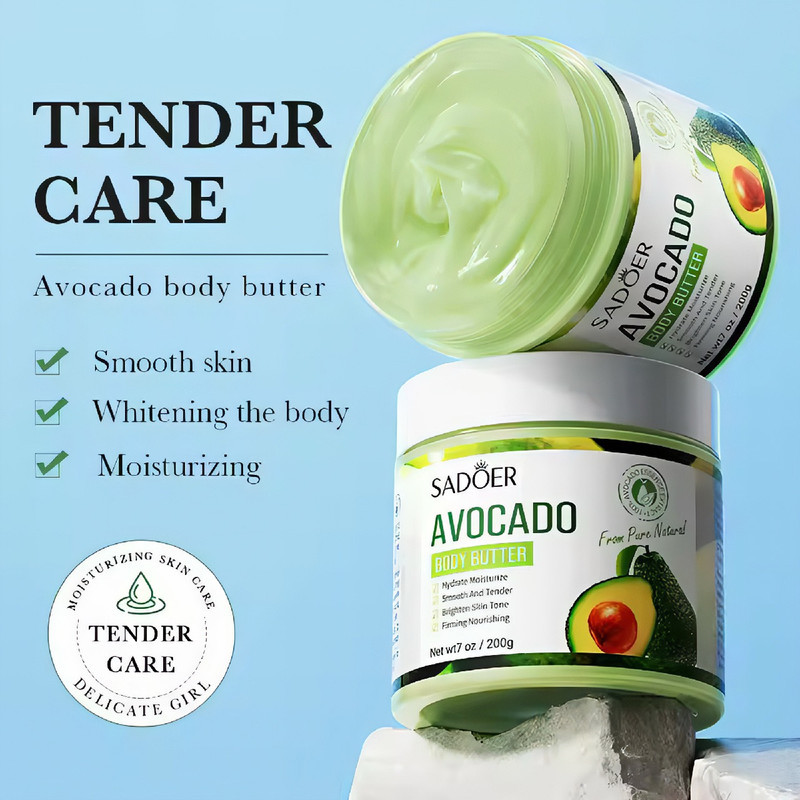 کره بدن آووکادو سادور مدل AVOCADO وزن 200 گرم مرطوب‌کننده سبک، ضد خشکی و ضد التهاب، مناسب انواع پوست با خواص آنتی‌اکسیدانی و ترمیم‌کننده