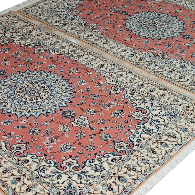 فرش دستبافت 3 متری مدل نایین لچک و ترنج ۹لا کد 975 - 974 زمینه پیازی مجموعه 2 عددی