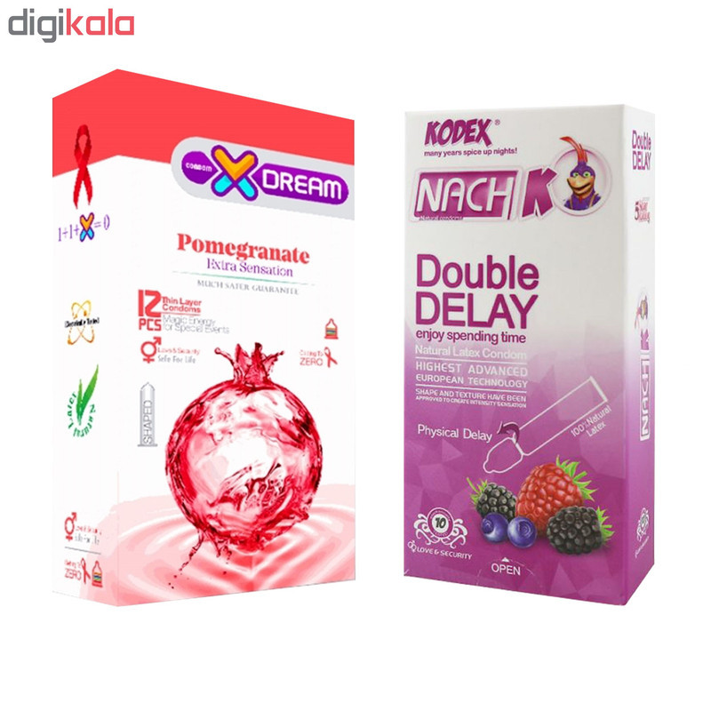 کاندوم ایکس دریم مدل Pomegranate بسته 12 عددی به همراه کاندوم تاخیری کدکس مدل Double Delay بسته 10 عددی