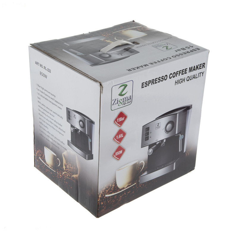 اسپرسوساز 1600 میلی‌لیتری زیگما مدل RH222، با مصرف پودر قهوه، مناسب تهیه اسپرسو، کافه لاته، موکا و کاپوچینو، دارای 2 عدد نازل قهوه، تنظیم میزان بخاردهی