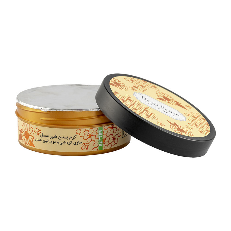 کره بدن دیپ سنس مدل Honey حجم 200 میلی‌لیتر مغذی و آبرسان قوی با کره شی، روغن نارگیل و آملا، ضد خشکی و نرم‌کننده پوست با جذب سریع و حفظ رطوبت طولانی‌مدت مناسب بانوان