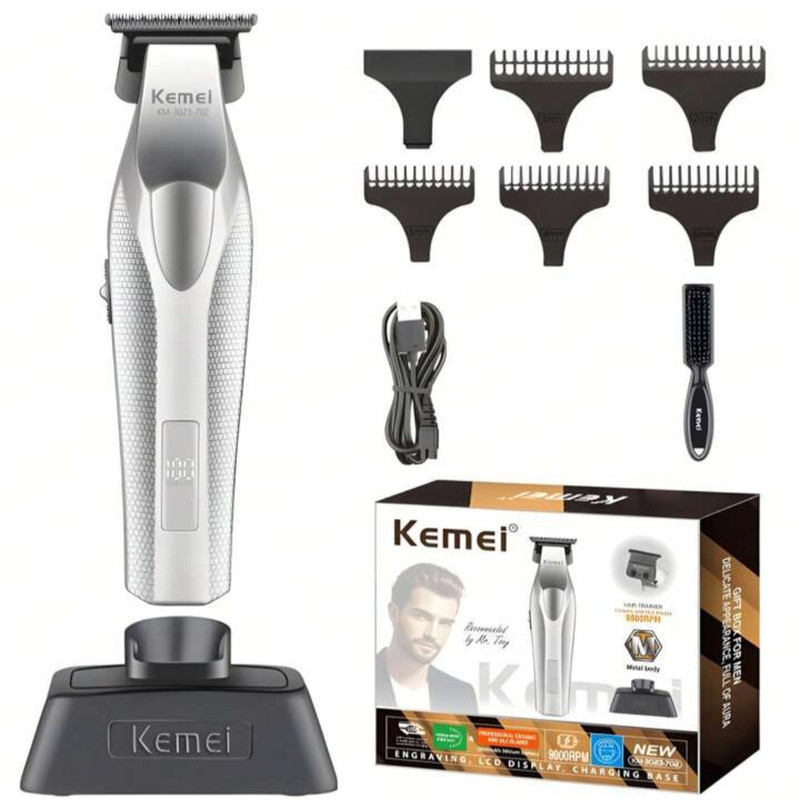 ماشین اصلاح موی صورت شارژی کیمی مدل KM-3023-702 با تیغه سرامیک و استیل ضد التهاب، باتری لیتیوم یون 2000 میلی‌آمپر ساعت، نمایش وضعیت باتری و طراحی ارگونومیک مقاوم در برابر ضربه