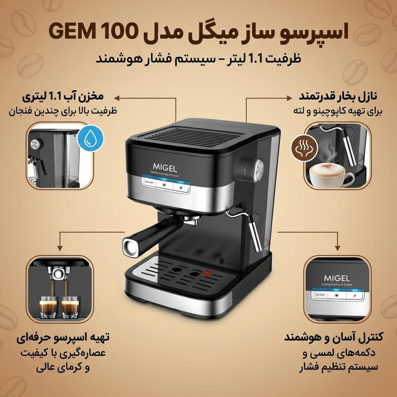 اسپرسو ساز خانگی 1.1 لیتری میگل مدل GEM 100، نیمه اتوماتیک با مصرف پودر قهوه، مناسب تهیه اسپرسو، کافه لاته، موکا، کاپوچینو و امریکانو، دارای یک عدد نازل قهوه، حالت آماده به کار