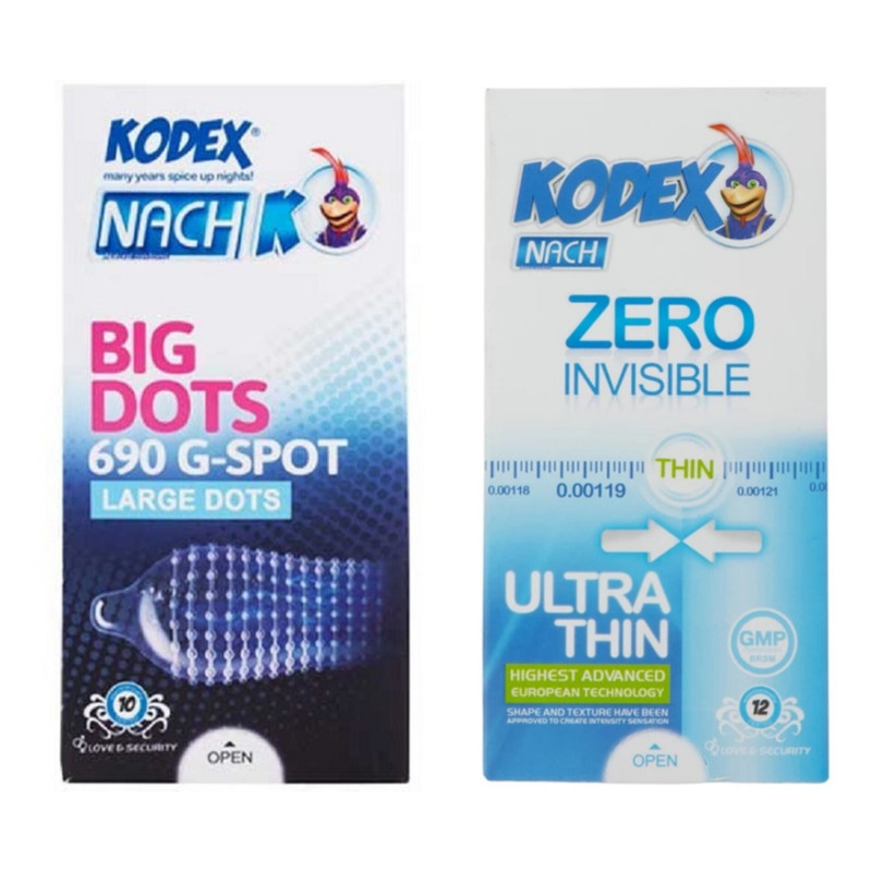کاندوم خاردار ناچ کدکس مدل بیگ دات بسته 10 عددی به همراه کاندوم کلاسیک ناچ کدکس مدل ZERO INVISIBLE بسته 12 عددی