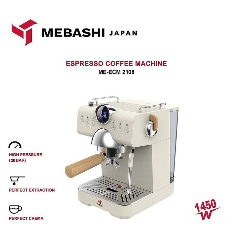 اسپرسو ساز خانگی 1.5 لیتری مباشی مدل ME-ECM2108، نیمه اتوماتیک با مصرف پودر قهوه، مناسب تهیه اسپرسو، کافه لاته، موکا، کاپوچینو، ماکیاتو، لانگو، امریکانو، دارای یک عدد نازل قهوه، تمپر قهوه، خروجی آب داغ، سیستم کاپوچینو ساز، سیستم گرم کردن فنجان