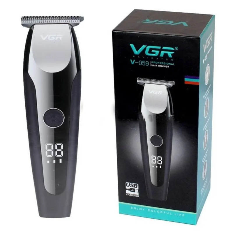 ماشین اصلاح موی صورت و بدن وی جی ار مدل V-059 با تیغه استیل ضد زنگ خودتیز شونده، باتری لیتیوم یونی با 150 دقیقه زمان استفاده، نمایشگر دیجیتال، تنظیم سرعت 3 مرحله‌ای و 6 عدد شانه سایز 1 تا 6 میلی‌متر