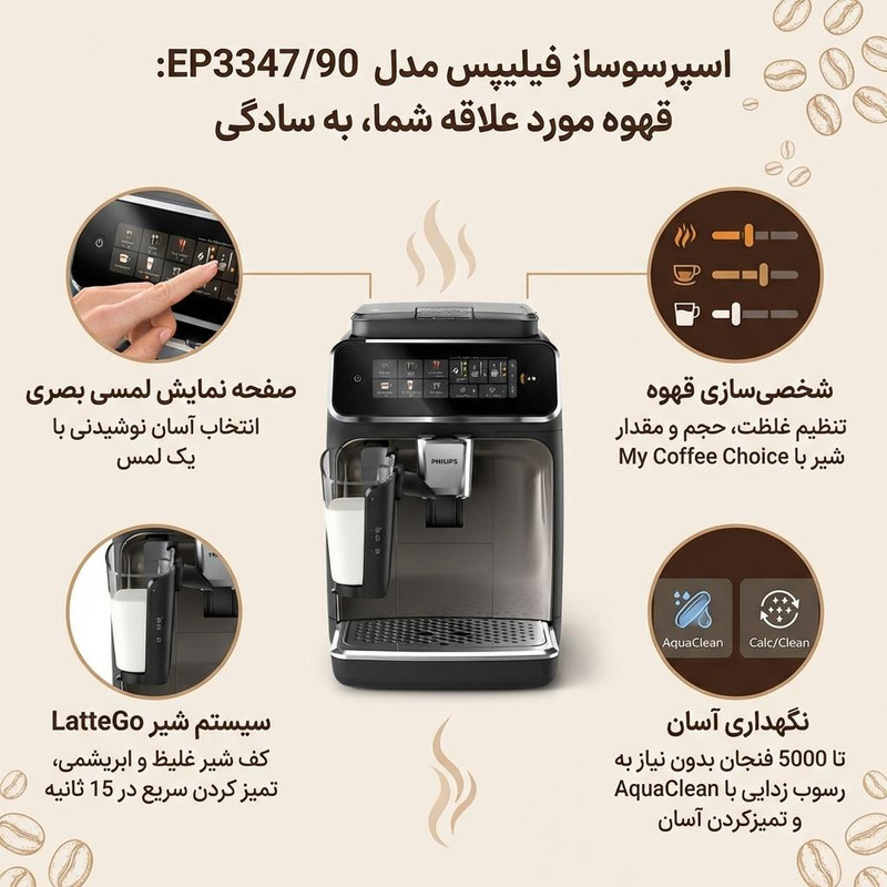 اسپرسوساز خانگی فیلیپس مدل EP334790، مناسب تهیه اسپرسو، کاپوچینو، کافه لاته، لانگو، امریکانو، ماکیاتو، موکا و ریسترتو، دارای 2 عدد نازل قهوه، آسیاب قهوه، حالت آماده به کار، سیستم pre-infusion، سینی چکه گیر، مکانیزم نظافت خودکار، سیستم گرم کردن فنجان