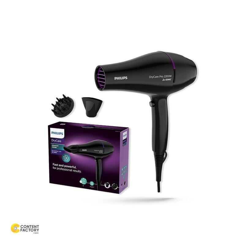سشوار حرفه‌ای 2200 وات فیلیپس مدل BHD274، موتور AC، وزن 600 گرم، دارای سری متمرکز‌کننده باریک، متمرکز‌کننده پهن با ویژگی حجم‌دهندگی، با قابلیت باد سرد، فناوری تولید یون