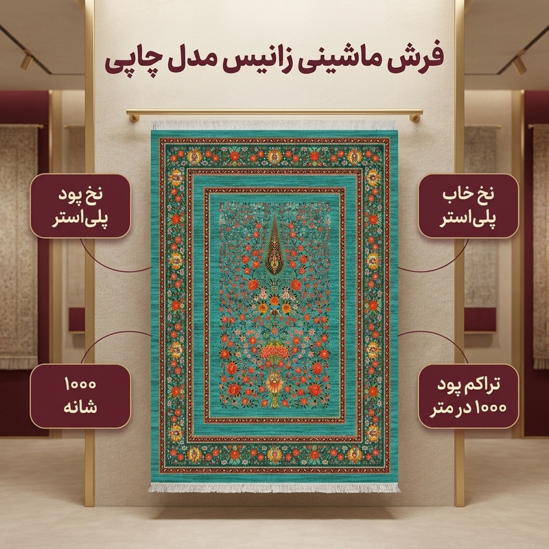فرش ماشینی 1000 شانه زانیس زمینه سبز حاشیه سبز مدل چاپی