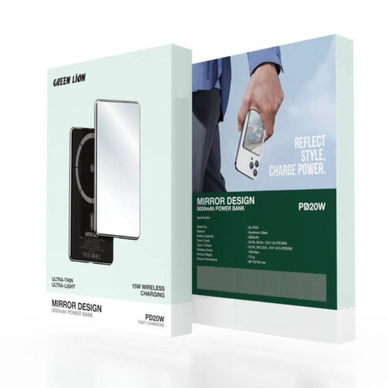 پاوربانک 15 وات گرین لاین مدل مگ سیف  Mirror Design با ظرفیت 10000 میلی آمپر ظرفیت