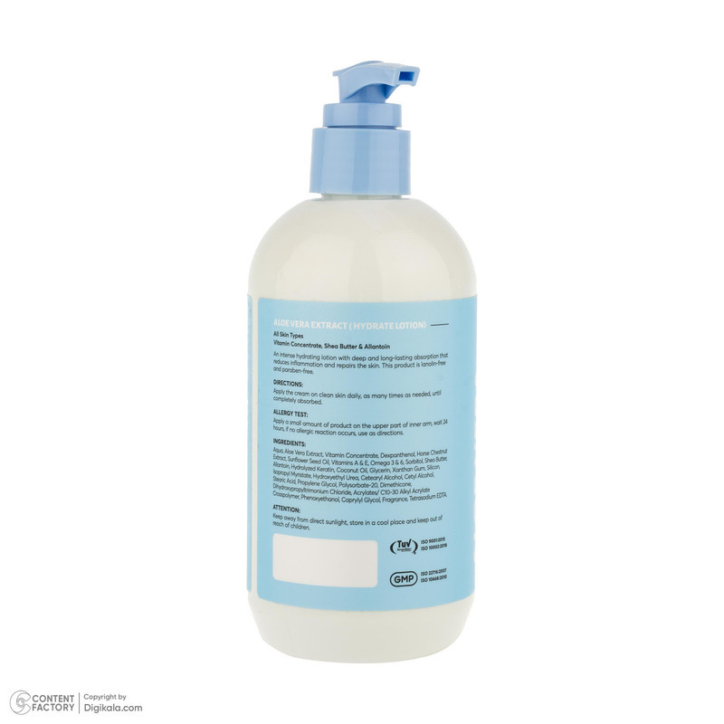 لوسیون بدن مرطوب‌کننده سی‌گل مدل Aloe-Vera حجم 300 میلی‌لیتر با عصاره آلوئه‌ورا، روغن نارگیل و ویتامین E، فاقد پارابن، ضد خشکی و مناسب پوست‌های خشک و معمولی