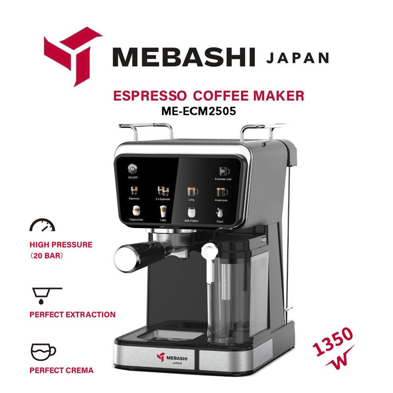 اسپرسو ساز خانگی 1.5 لیتری مباشی مدل ME-ECM2505، نیمه اتوماتیک با مصرف پودر قهوه، مناسب تهیه اسپرسو، لانگو، کاپوچینو، امریکانو و کافه لاته، دارای یک عدد نازل قهوه، تنظیم میزان بخاردهی