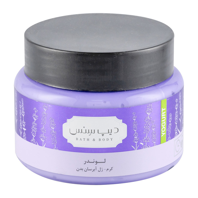 کرم ژل بدن دیپ سنس مدل لوندر حجم 250 میلی‌لیتر مناسب انواع پوست، حاوی کره کاکائو، روغن آملا و هیالورونیک اسید، آبرسان قوی، ضد خشکی، نرم‌کننده، جمع‌کننده منافذ و روشن‌کننده پوست