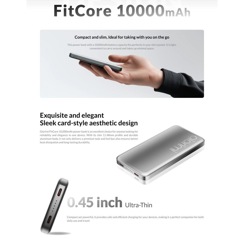 پاوربانک 20 وات گلوریمی مدل FitCore ظرفیت 10000 میلی آمپر ساعت