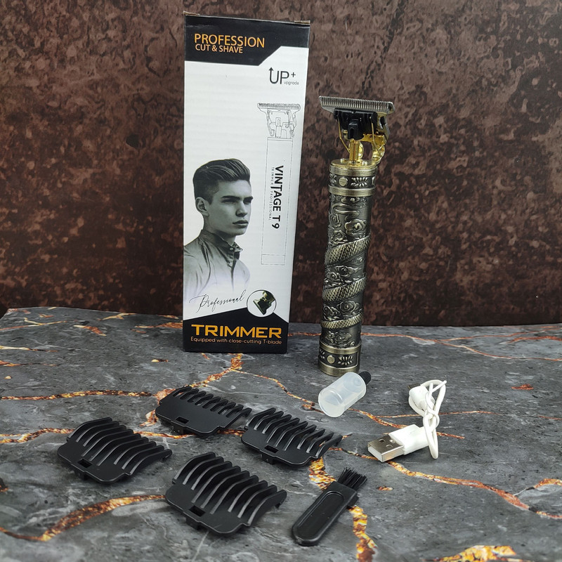 ماشین اصلاح موی سر و صورت تیغه استیل ضدزنگ وینتیج مدل T9 Upgrade plus باتری قابل شارژ با 120 دقیقه شارژدهی، استفاده خشک و مرطوب، خط زن و 4 شانه تنظیم ارتفاع، همراه برس تمیزکننده و روغن مخصوص