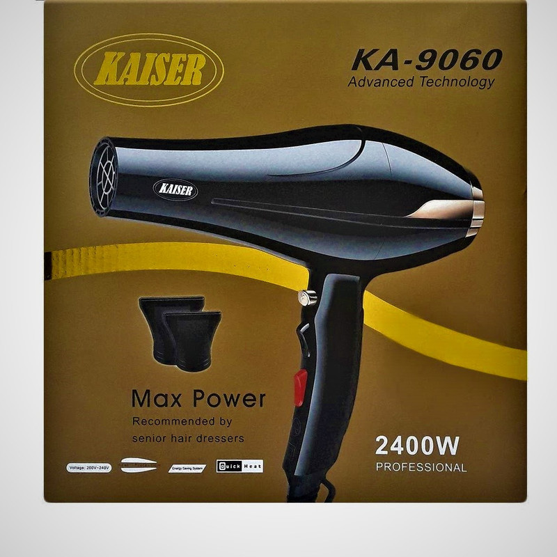 سشوار حرفه‌ای 2400 وات کایزر مدل MAX POWER، موتور AC، وزن 500 گرم، المنت تیتانیوم، دارای سری متمرکز‌کننده پهن با ویژگی صاف‌کنندگی، با قابلیت باد سرد، عملکرد توربو، فناوری تولید یون
