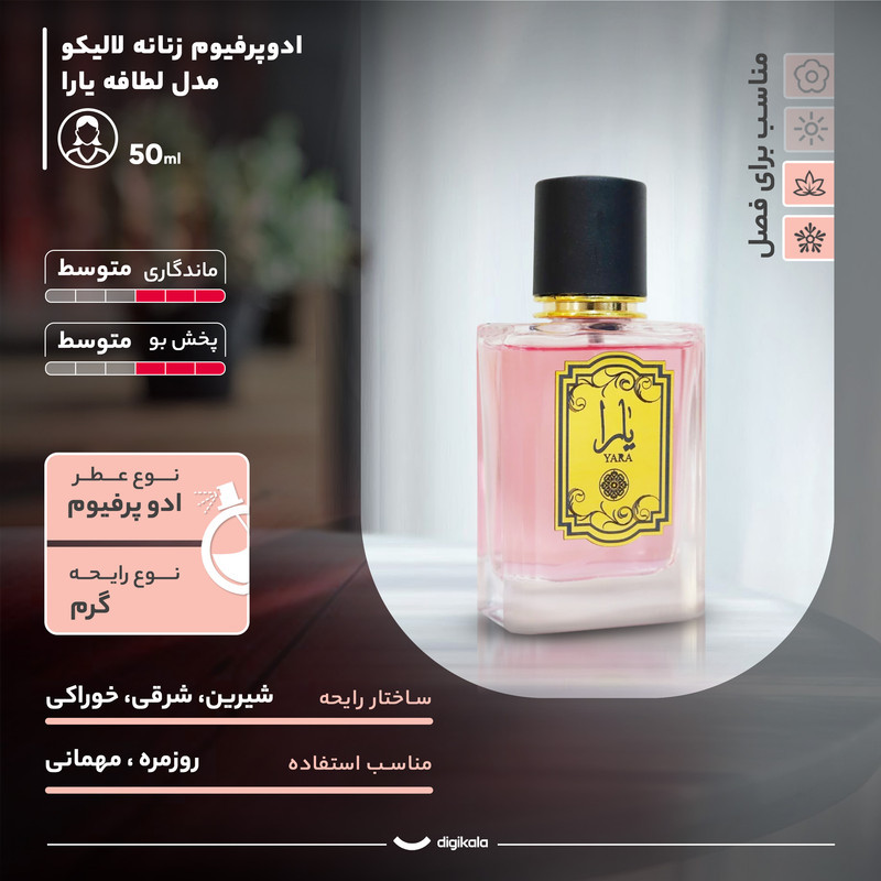 ادوپرفیوم زنانه لالیکو مدل لطافه یارا با رایحه گرم و شیرین حجم 50 میلی‌لیتر