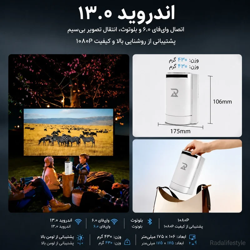ویدئو پروژکتور هوشمند رادا لایف استایل مدل PX-07 با رزولوشن 720P