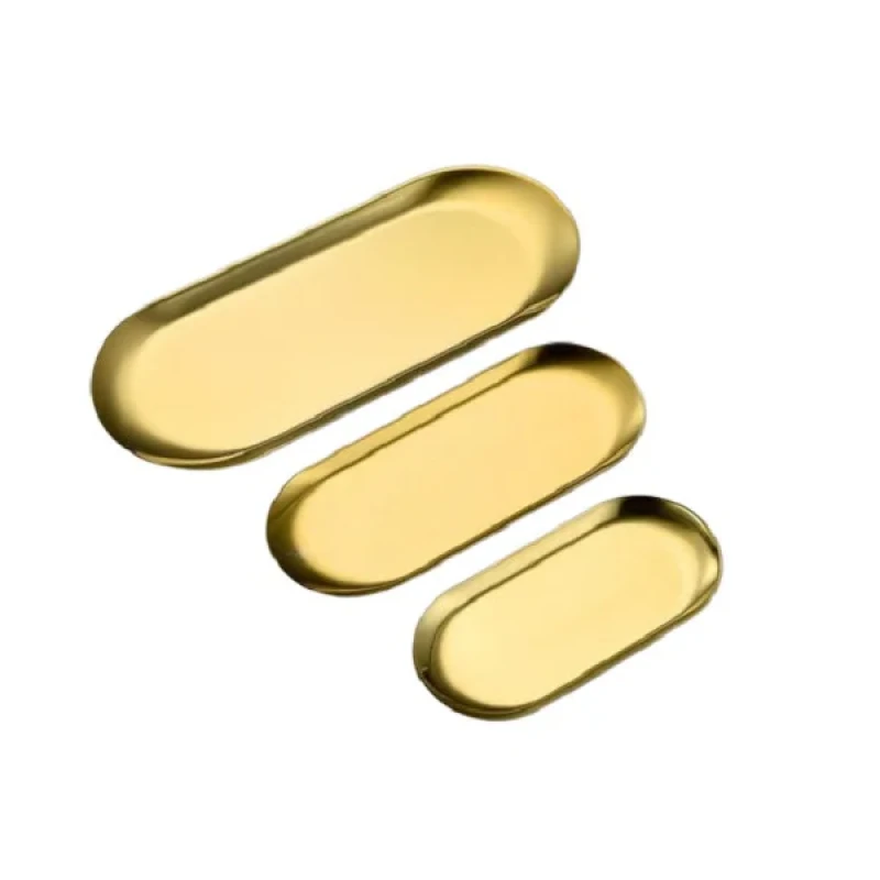 سینی سرو استیل مجموعه سه عددی شامل سایز کوچک 18x8، متوسط 23x9 و بزرگ 26x11 سانتی‌متر