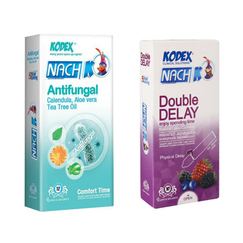 کاندوم تاخیری ناچ کدکس مدل Antifungal  بسته 12 عددی به همراه کاندوم کدکس مدل double بسته 10 عددی
