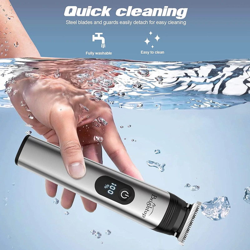 ماشین اصلاح موی سر و صورت برایتاپ مدل YH-7282 با تیغه استیل ضد زنگ، قابلیت تنظیم سرعت و طول اصلاح در 10 حالت، ضد آب با استاندارد IPX6، باتری قابل شارژ با نمایشگر LCD و عملکرد توربو، همراه 8 شانه متنوع و سری قابل تعویض برای اصلاح سر، صورت و بدن