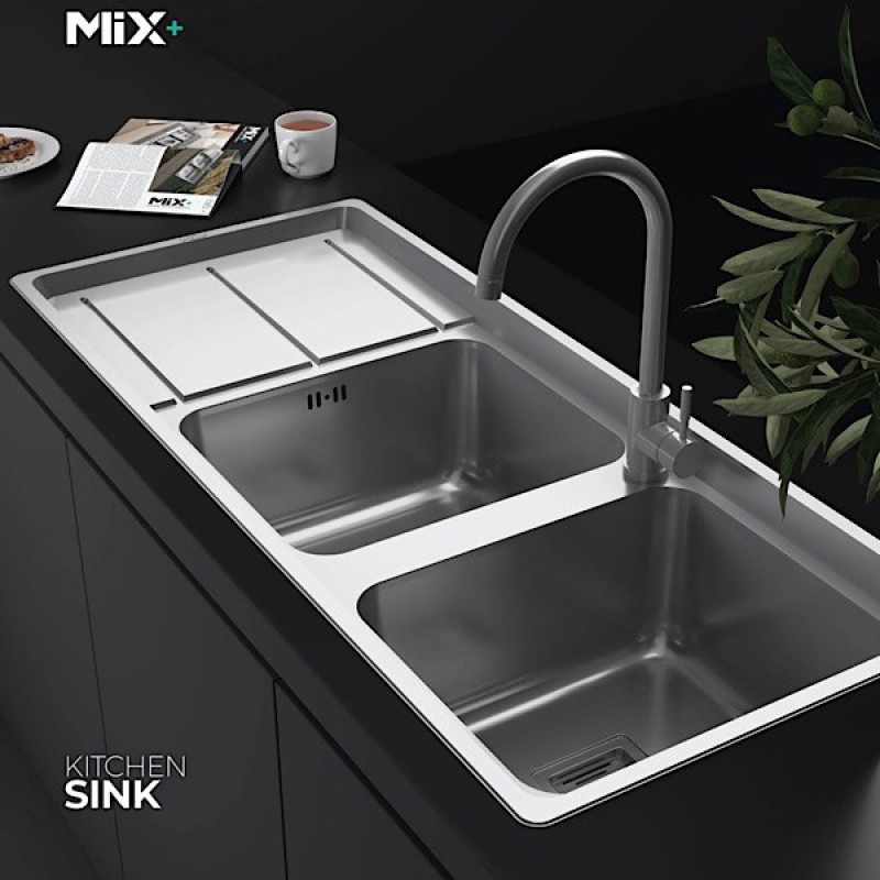 سینک ظرفشویی استیل توکار دو لگنه میکس پلاس مدل 8092-S45