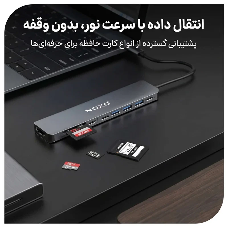 هاب 9 پورت USB-C نوکسو مدل HUB-N1 9in1 با پشتیبانی شارژ PD 100 وات، HDMI 4K، USB 3.0 و کارت‌خوان SDTF