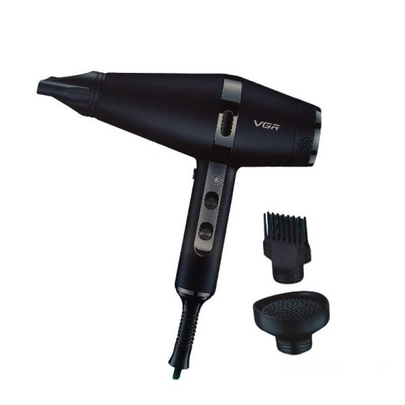 سشوار حرفه‌ای 2200 وات وی جی ار مدل V-451، موتور AC، وزن 1200 گرم، المنت سرامیک تورمالین، دارای سری دیسپانسر، متمرکز‌کننده پهن، سری شانه‌دار با ویژگی فرکنندگی، صاف‌کنندگی، حجم‌دهندگی، با قابلیت عملکرد توربو، خشک‌کردن سریع