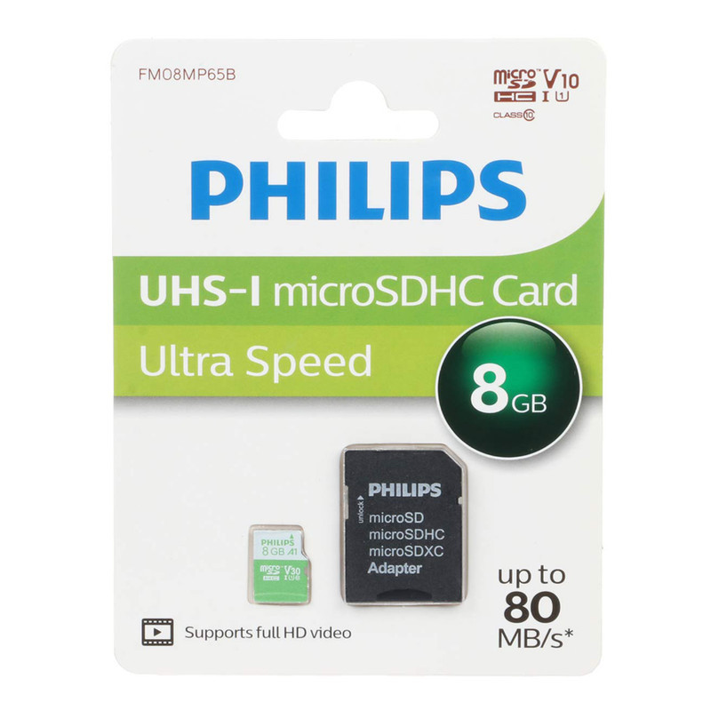 کارت حافظه MicroSDHC فیلیپس مدل Ultra Speed کلاس 10 استاندارد UHS-I U1 سرعت 80MBps ظرفیت 8 گیگابایت به همراه آداپتور