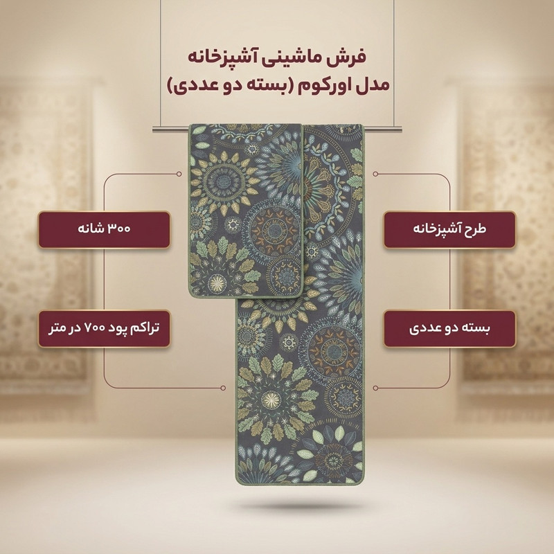فرش ماشینی 300 شانه زمینه خاکستری حاشیه سبز مدل اورکوم چاپی بدون پرز بدون تار و پود طرح آشپزخانه کد kitchen.5001.01 بسته دو عددی