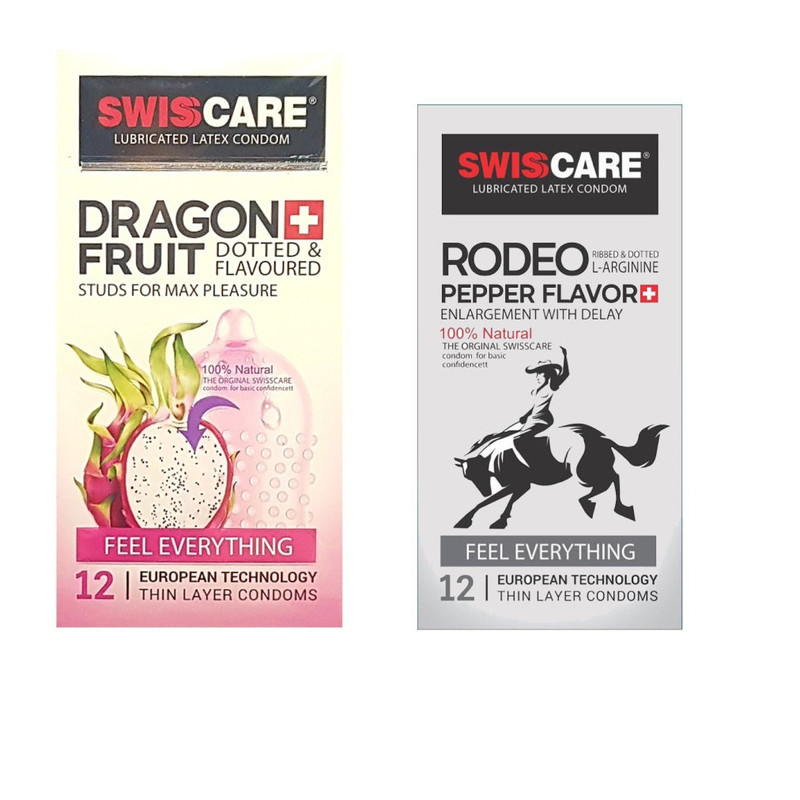 کاندوم سوئیس کر مدل DRAGON FRUIT بسته 12 عددی به همراه کاندوم سوئیس کر مدل RODEO بسته 12 عددی